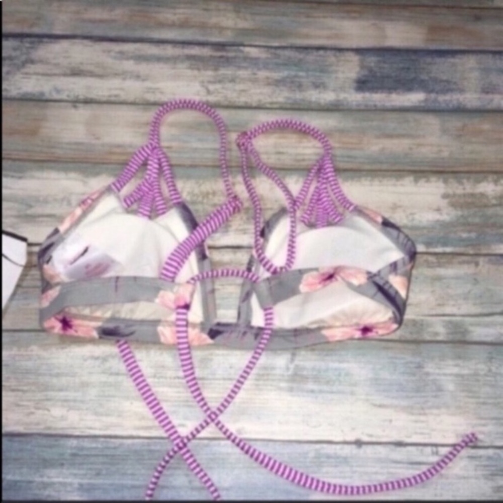 Xhilaration Grey Floral Bikini Top Small Strappy Triangle Bralette Swim Top - Picture 4 of 4